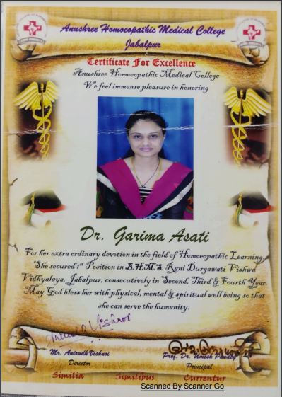 Certificate for Excellence from Anushree Homeopathic Medical College, Jabalpur