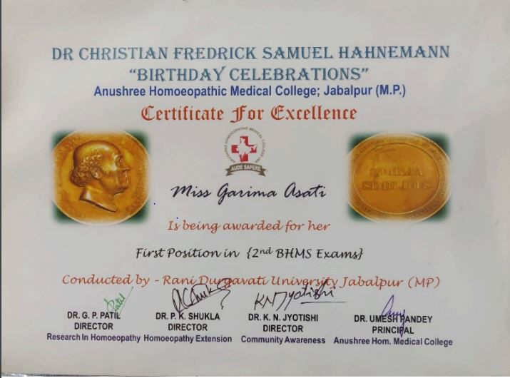 Certificate for Excellence from Anushree Homeopathic Medical College, Jabalpur